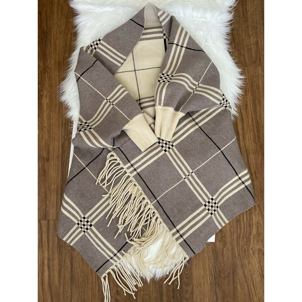 Vintage Beige Gray‎ Tartan Plaid Wrap Sweater One Size